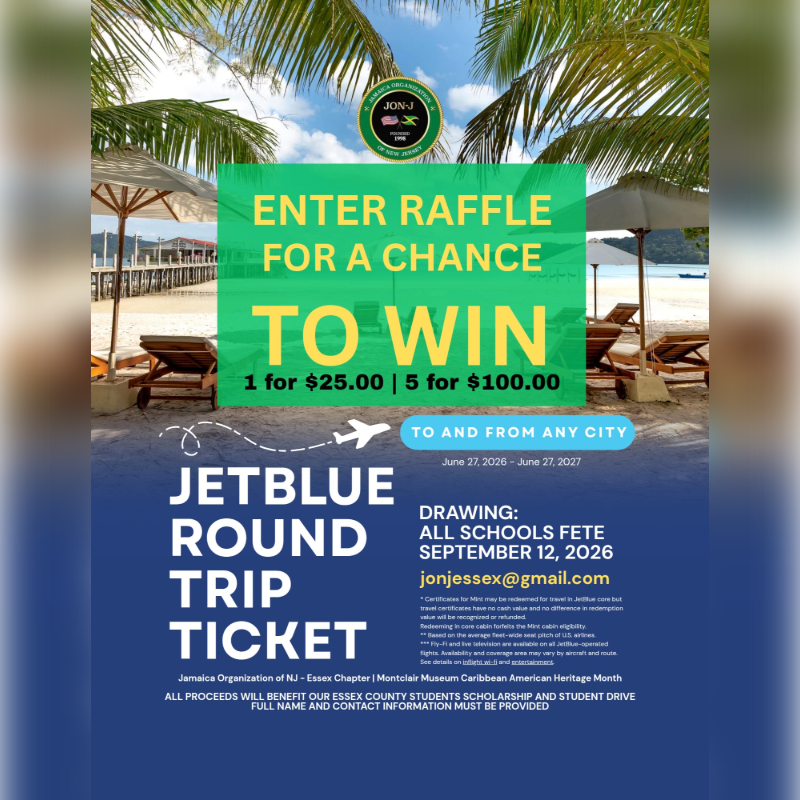 Palm trees frame a beach scene with lounge chairs and umbrellas in the foreground, while a raffle advertisement for a JetBlue round trip ticket is superimposed on the background.