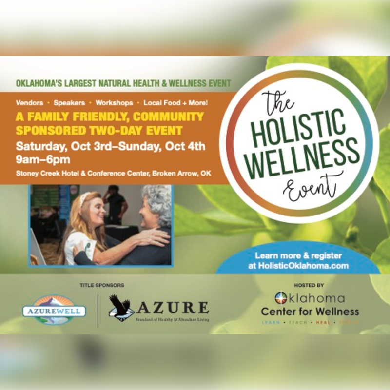 A vibrant poster advertises "The Holistic Wellness Event" with a photo of two women embracing in the foreground and lush green leaves in the background.