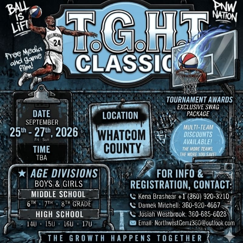 A basketball player soars for a dunk in the foreground, while the background features tournament details for the T.G.H.T. Classic in Whatcom County.