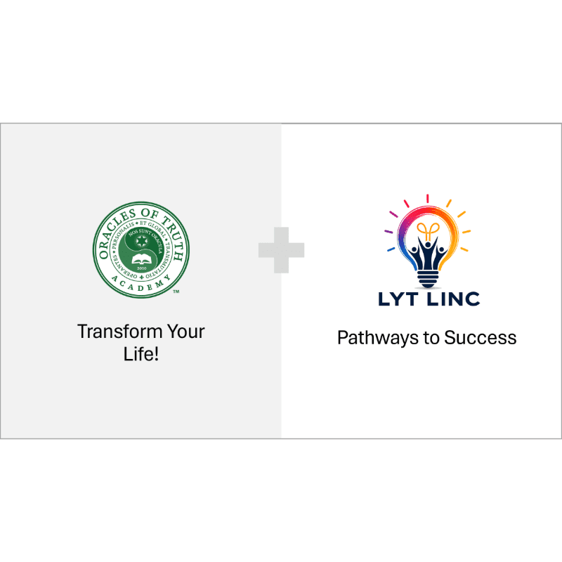 A green circular logo with text and a tagline "Transform Your Life!" is on the left, while a colorful lightbulb logo with people inside and the tagline "Pathways to" is on the right, separated by a plus sign.
