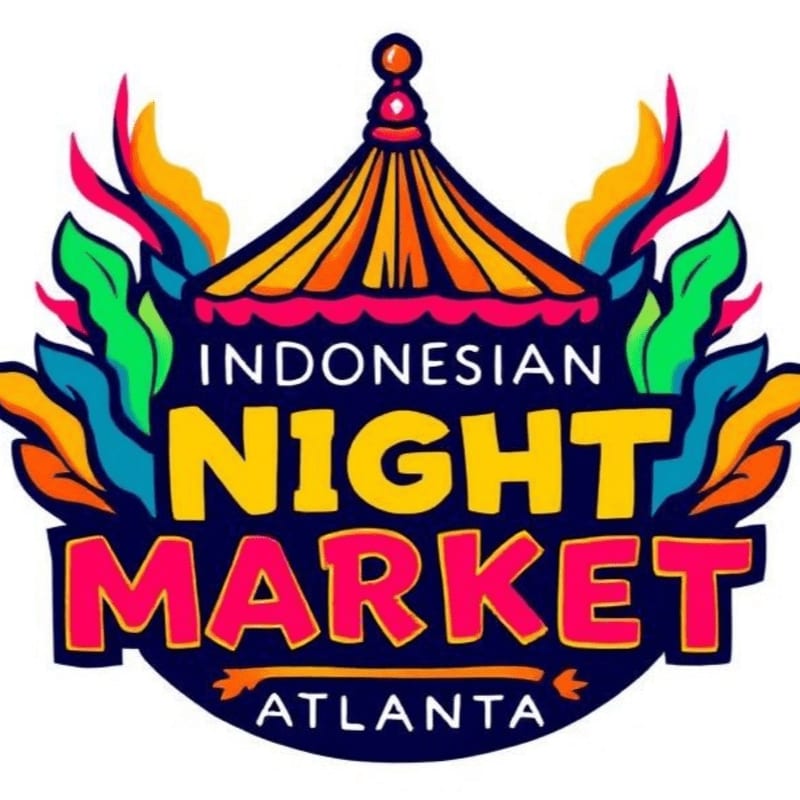 Colorful flames and foliage surround the bold text "INDONESIAN NIGHT MARKET ATLANTA" in the foreground, set against a white background.
