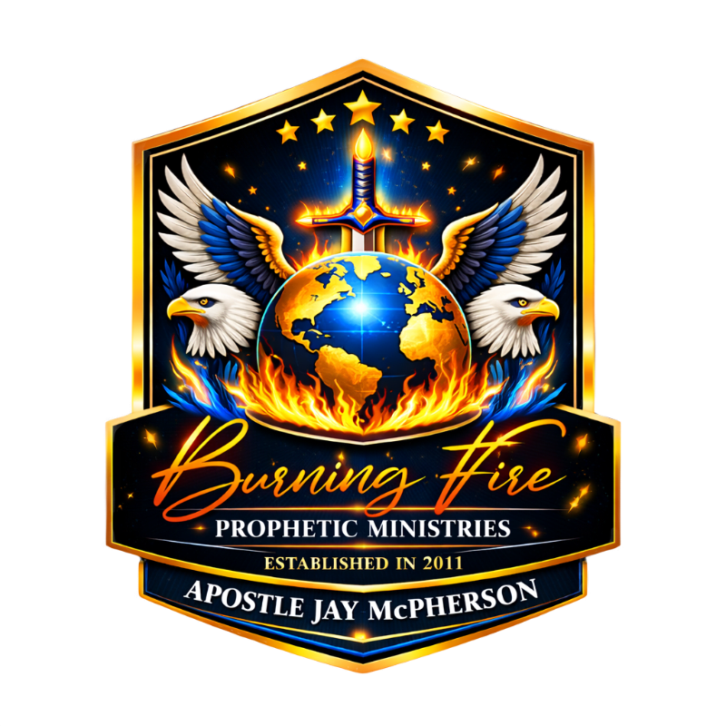A fiery globe with eagles and a sword is emblazoned with the text "Burning Fire Prophetic Ministries" against a starry background.