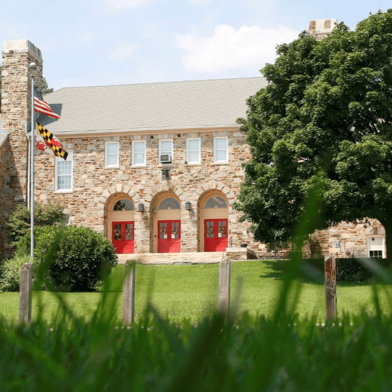 In the foreground, blurred green grass and wooden posts lead to a stone building with red doors and arched entrances, while a large green tree stands to the right and flags fly on the left, all under a bright blue sky.
