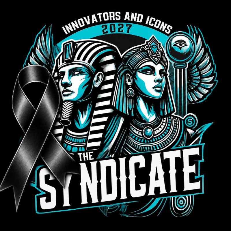 A black ribbon drapes over stylized Egyptian figures of a pharaoh and queen, set against a background of wings and an eye symbol, with "INNOVATORS AND ICONS 2027 THE SYNDICATE" text.
