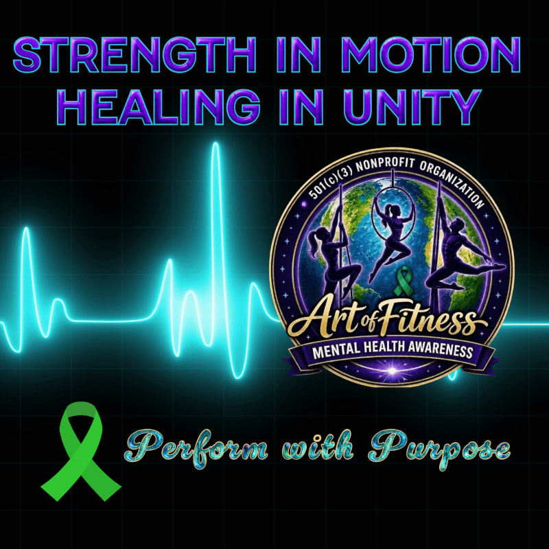 A glowing EKG line and a green ribbon are in the foreground, while a circular logo with aerial performers and text about mental health awareness fills the background.