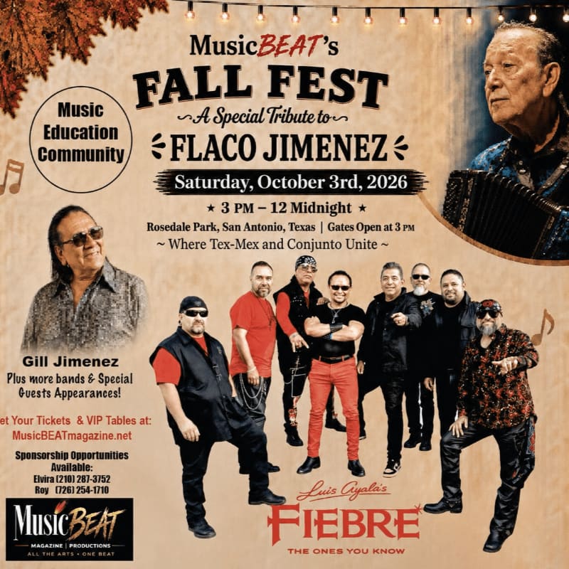 A group of musicians stands in the foreground with a poster for a fall festival honoring Flaco Jimenez in the background.