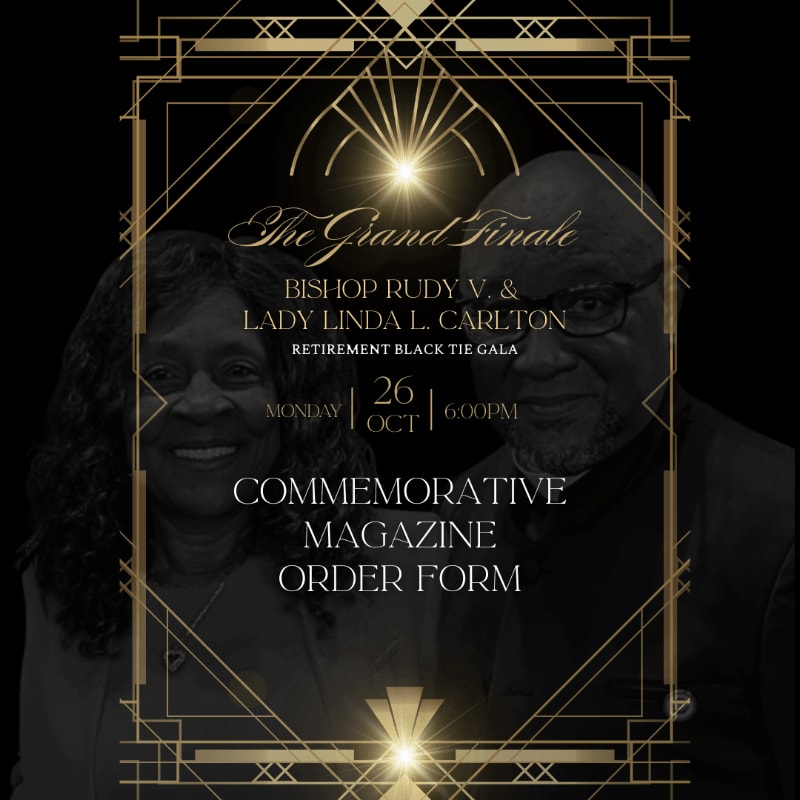A smiling couple is featured in the foreground against a black background with ornate gold art deco framing and event details.