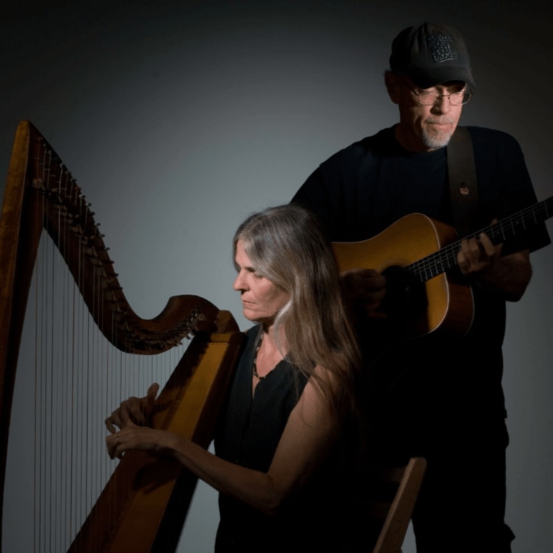 A woman plays a harp in the foreground while a man plays a guitar behind her against a plain gray background.