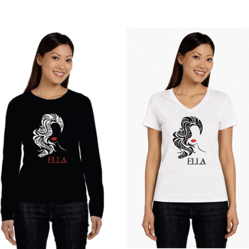 A woman models a black long-sleeved shirt and a white v-neck t-shirt, both featuring a stylized graphic of a woman's face with the name "ELLA" below it, against a plain white background.