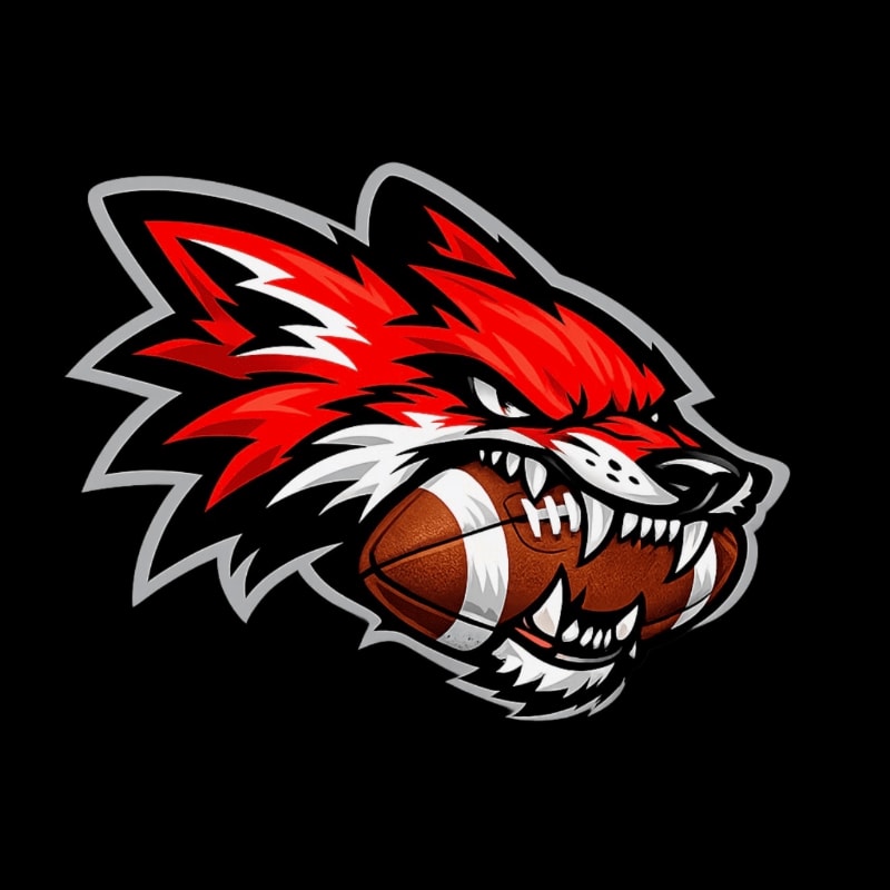 A fierce red fox with bared teeth grips a football in its mouth against a black background.