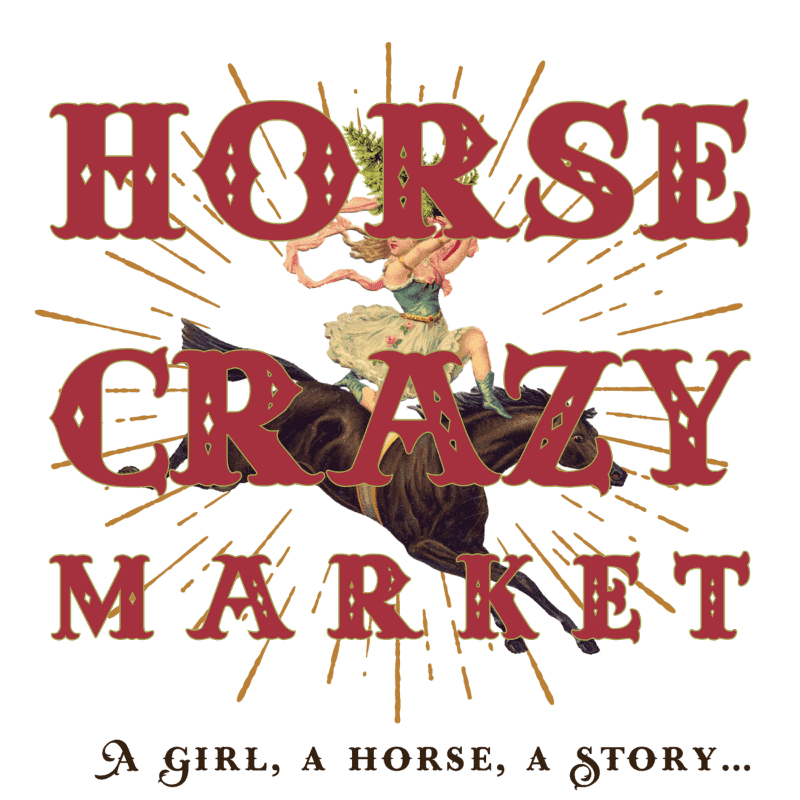 A stylized illustration of a girl riding a horse, with the words "HORSE CRAZY MARKET" in large red letters and a tagline at the bottom, is set against a background of radiating lines.