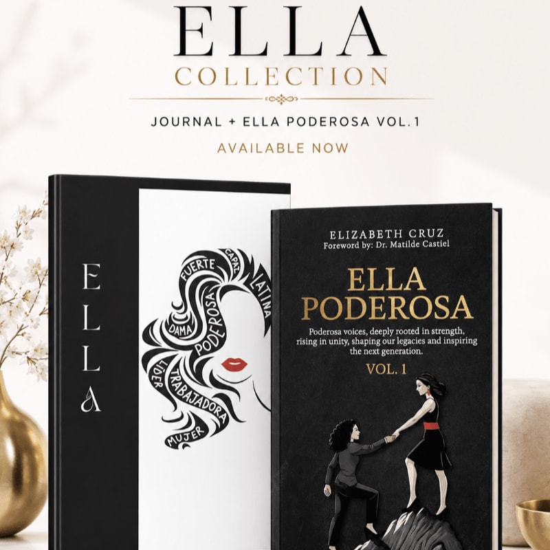 Two books, one with a stylized portrait and the other titled "ELLA PODEROSA VOL. 1," are displayed in the foreground against a soft, blurred background with a golden vase.