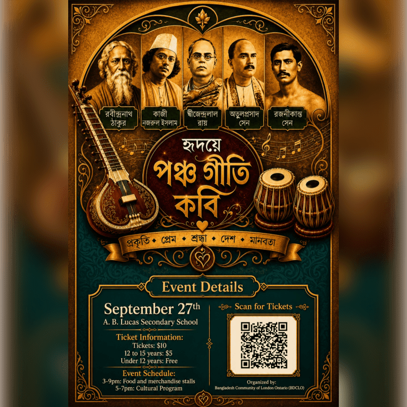 A vintage poster for a cultural program features portraits of five Bengali poets in the background, with a sitar and tabla in the foreground, announcing event details for September 27th.