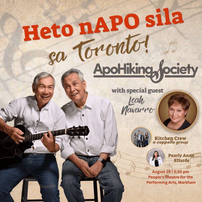 Two smiling men, one playing a guitar, are featured in the foreground with event details and other performers listed in the background.