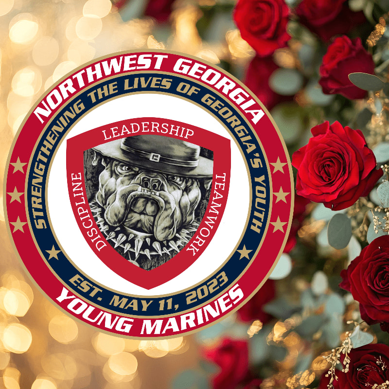 A circular emblem for Northwest Georgia Young Marines, featuring a bulldog and the words "Leadership," "Discipline," and "Teamwork," is set against a blurred background of red roses and golden lights.
