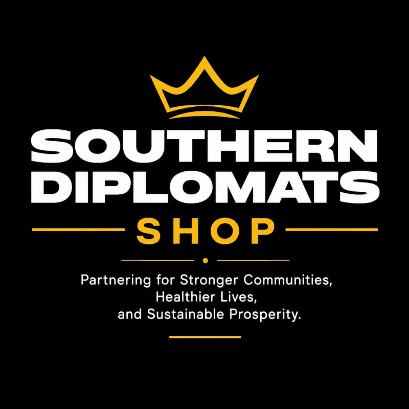 A golden crown sits above bold white text reading "SOUTHERN DIPLOMATS SHOP" on a black background, with a tagline about community and prosperity below.