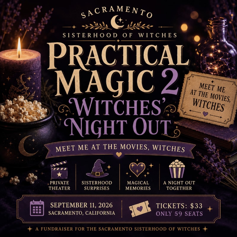 A lit candle and popcorn in a cauldron are in the foreground, while a sign reading "Meet Me at the Movies, Witches" and a stack of books are in the background of this event poster.