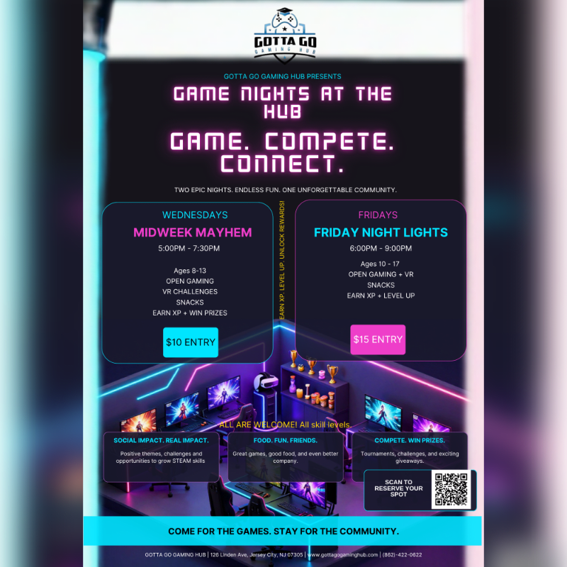 A neon-lit flyer advertises "Game Nights at the Hub" with details for Wednesday and Friday events, set against a backdrop of a futuristic gaming lounge.