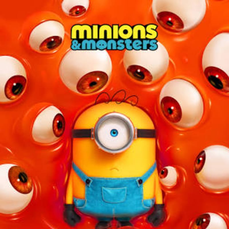 A single Minion stands in the foreground surrounded by numerous eyeballs in a bright orange, viscous liquid background.
