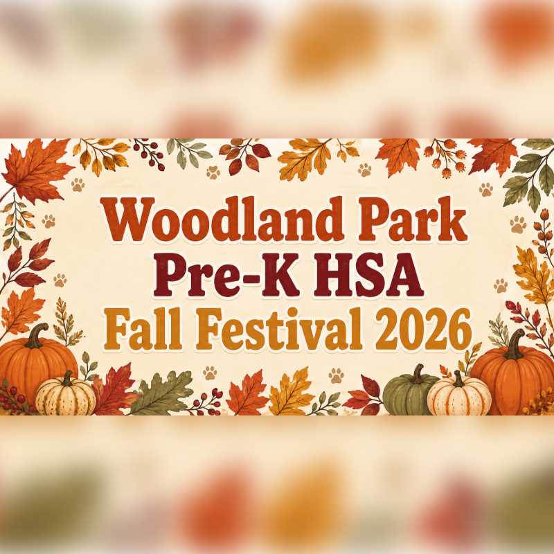 Pumpkins and autumn leaves frame the text "Woodland Park Pre-K HSA Fall Festival 2026" against a soft, blurred background.