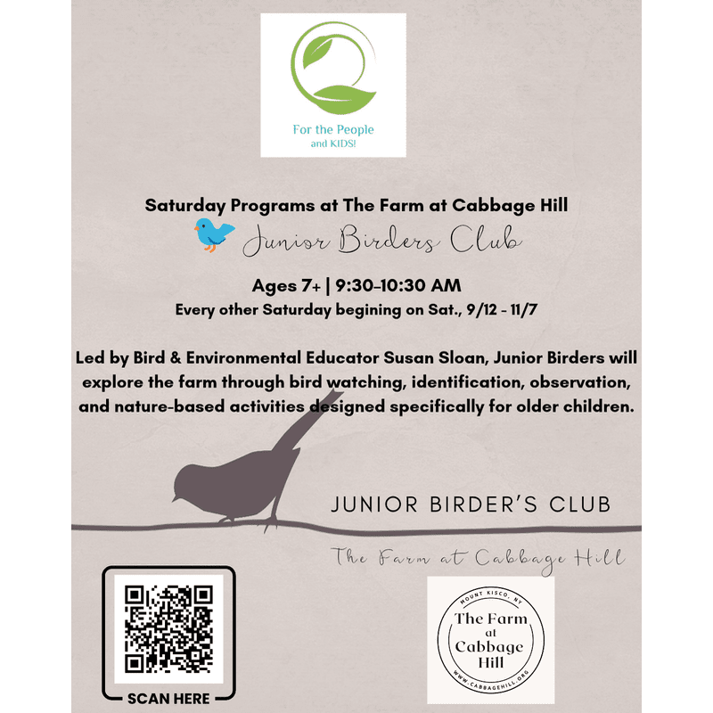 A silhouetted bird in the foreground stands on a branch against a textured background advertising the Junior Birders Club at The Farm at Cabbage Hill.