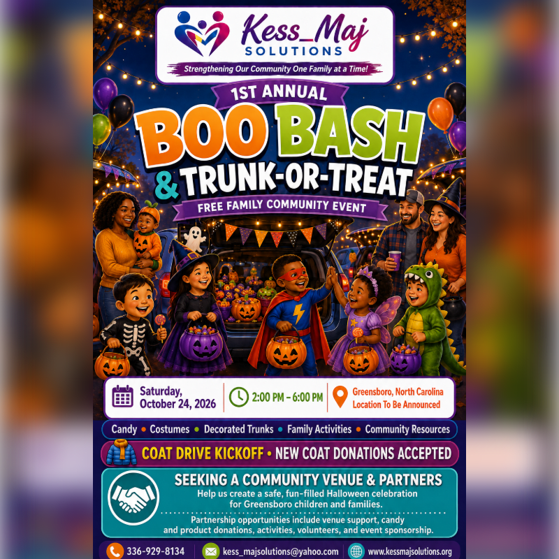 A vibrant poster advertises a free family community event, the 1st Annual Boo Bash & Trunk-or-Treat, featuring costumed children in the foreground and event details against a festive Halloween background.