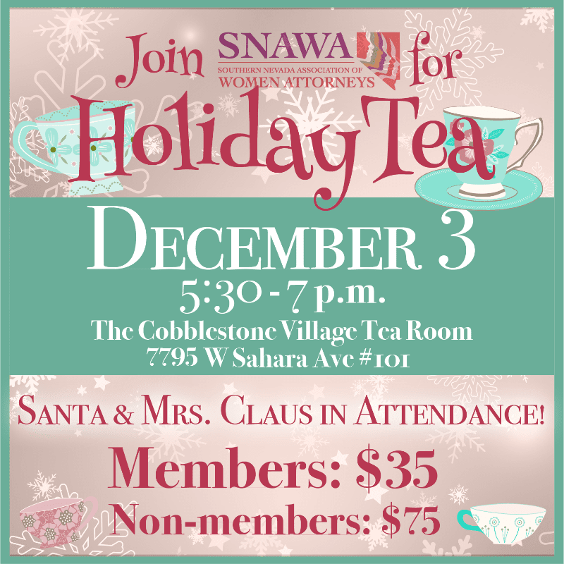A holiday tea invitation with decorative teacups in the foreground and a snowflake pattern in the background announces an event on December 3rd.