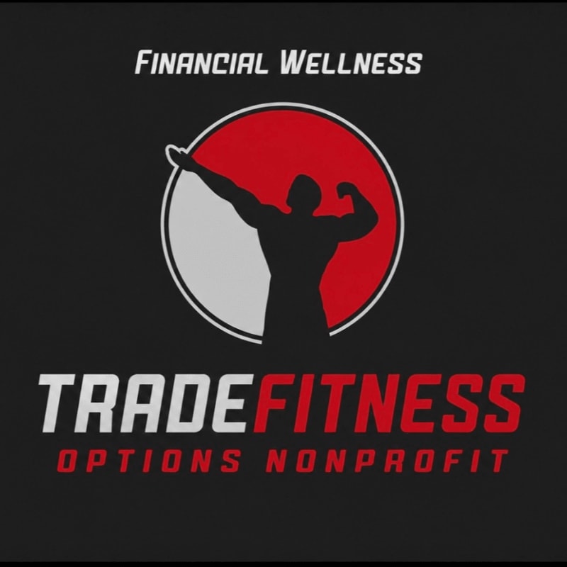 A silhouetted muscular figure flexing within a red and white circle is centered on a black background, with "FINANCIAL WELLNESS" above and "TRADEFITNESS OPTIONS NONPROFIT" below.