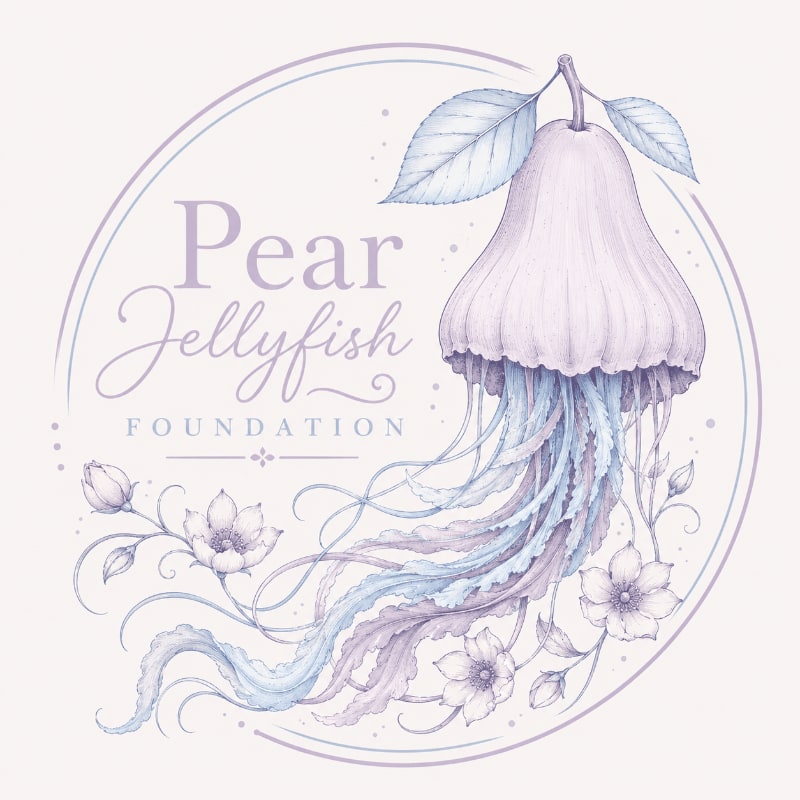 A pear-shaped jellyfish with flowing tentacles is surrounded by delicate flowers and leaves within a circular frame, with the words "Pear Jellyfish Foundation" written in elegant script.