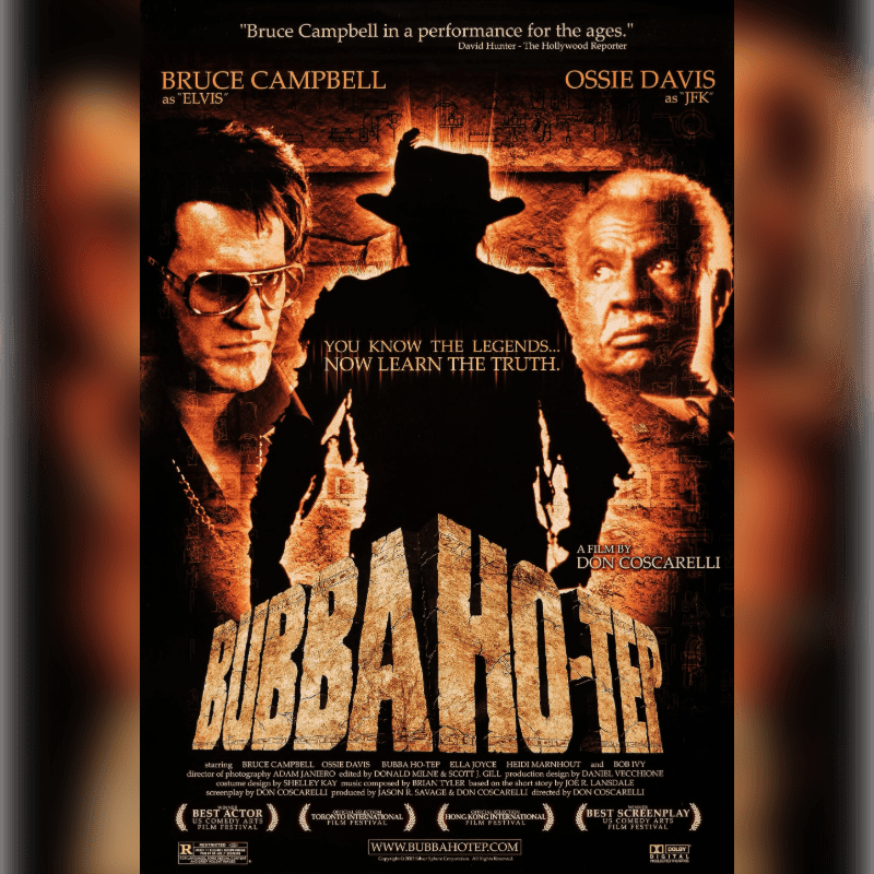 In the foreground, three men are featured prominently on a movie poster, with a silhouetted figure in the center, while the background is dark with text and film festival laurels.