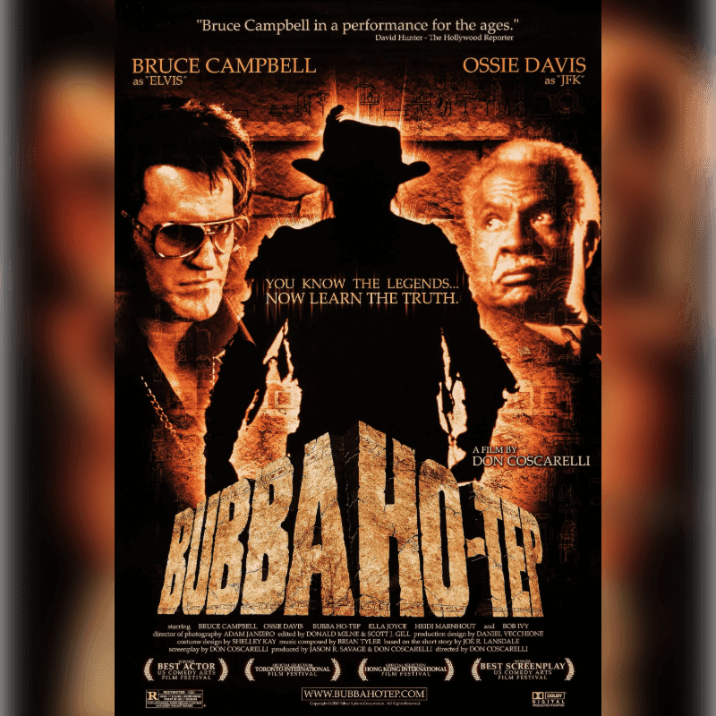In the foreground, three men are featured prominently on a movie poster, with a silhouetted figure in the center, while the background is dark with text and film festival laurels.