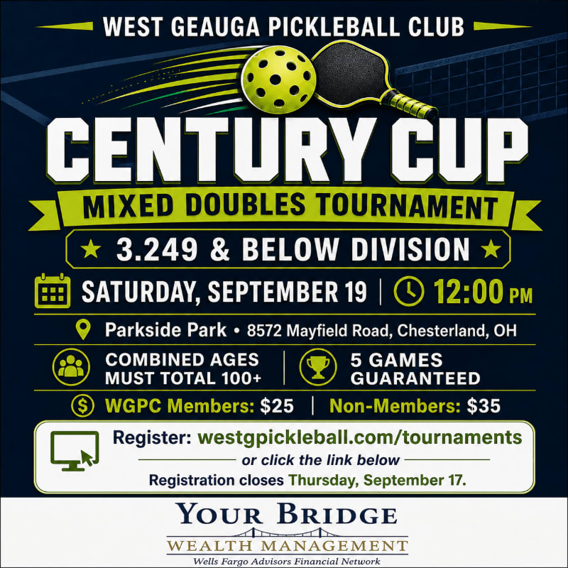 A pickleball tournament announcement for the Century Cup Mixed Doubles Tournament is displayed against a dark blue background, with the event details and registration information prominently featured in the foreground.