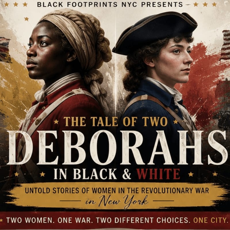 Two women in colonial attire, one Black and one white, are featured in the foreground against a backdrop of American flags and a red and black abstract design, with the title "The Tale of Two DEBORAH'S IN BLACK & WHITE" prominently displayed.