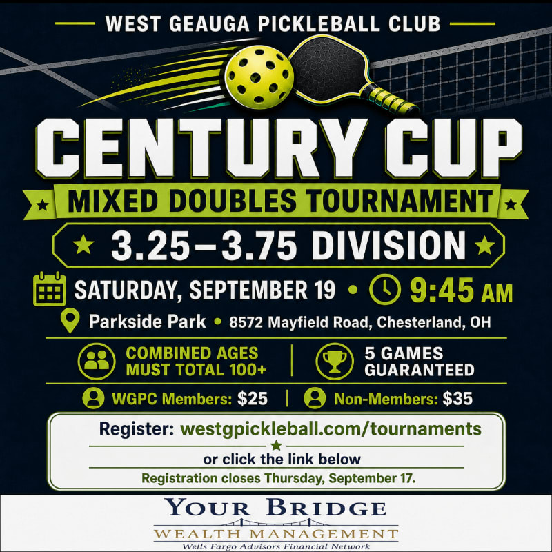 A pickleball tournament flyer for the "Century Cup Mixed Doubles Tournament" is displayed against a dark background with a pickleball and paddle graphic at the top.