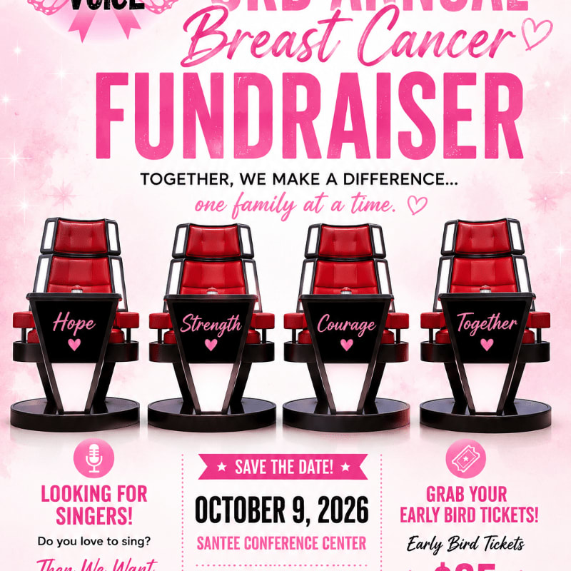Four red "The Voice" style chairs with inspirational words on them are in the foreground, set against a pink background advertising a breast cancer fundraiser.