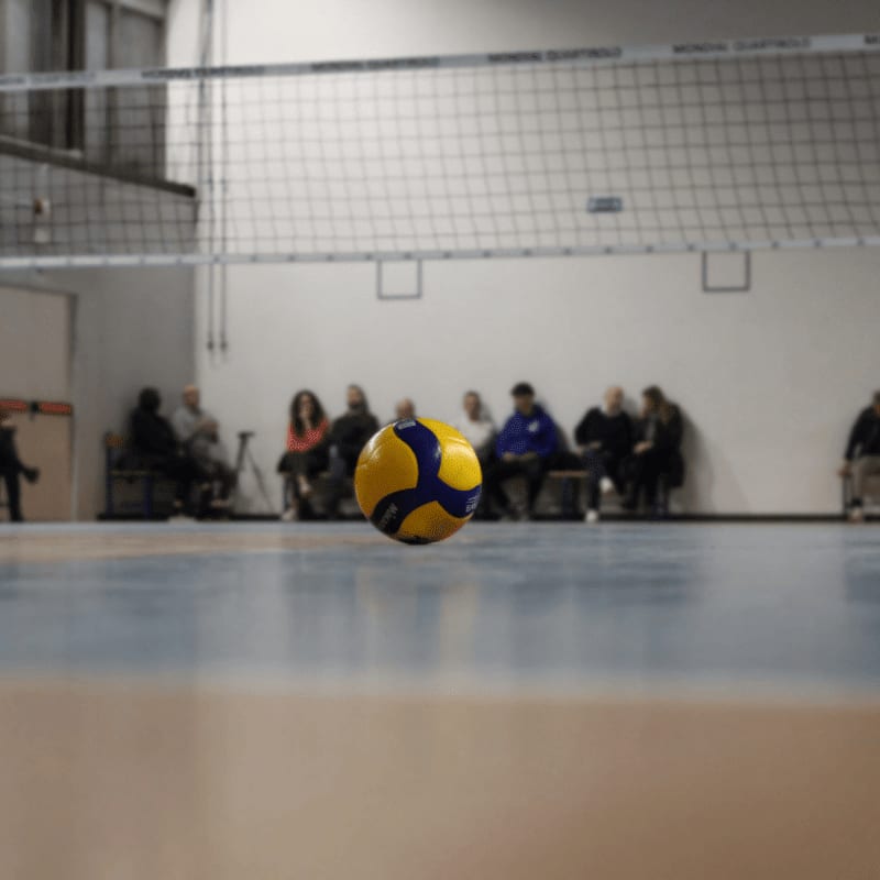 A yellow and blue ball sitting on top of a hard wood floor