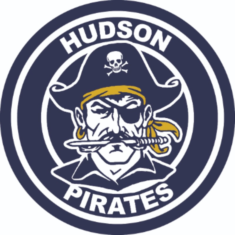 A pirate with an eyepatch and a sword in his mouth is depicted in the foreground, set against a circular background with the words "HUDSON PIRATES" in white lettering.