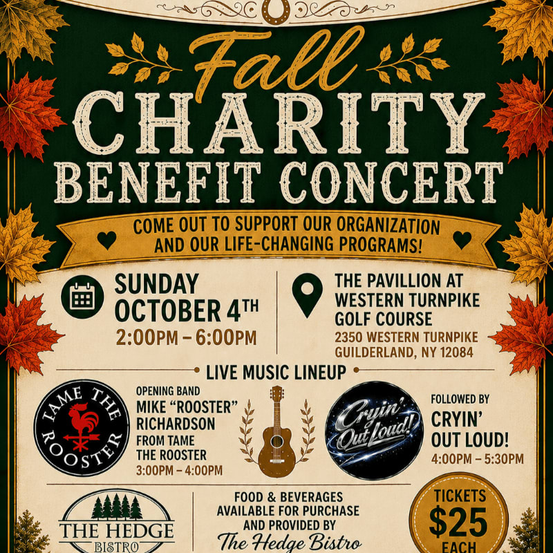 Autumn leaves frame a concert poster advertising a fall charity benefit concert with details about the date, time, location, and performers.
