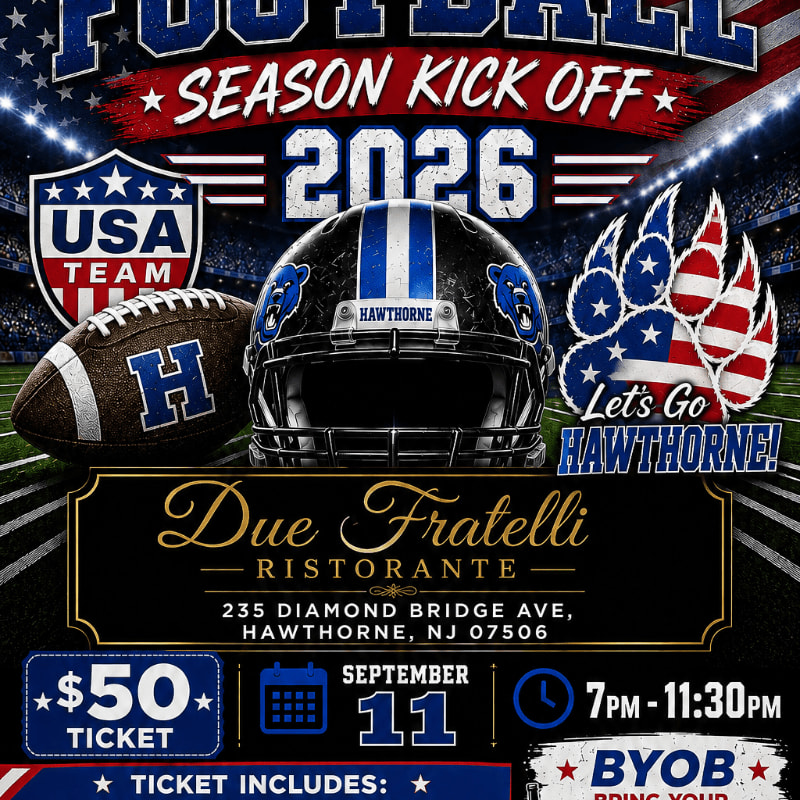 A football, helmet, and paw print graphic are in the foreground, with a stadium crowd in the background, advertising a "Football Season Kick Off 2026" event.