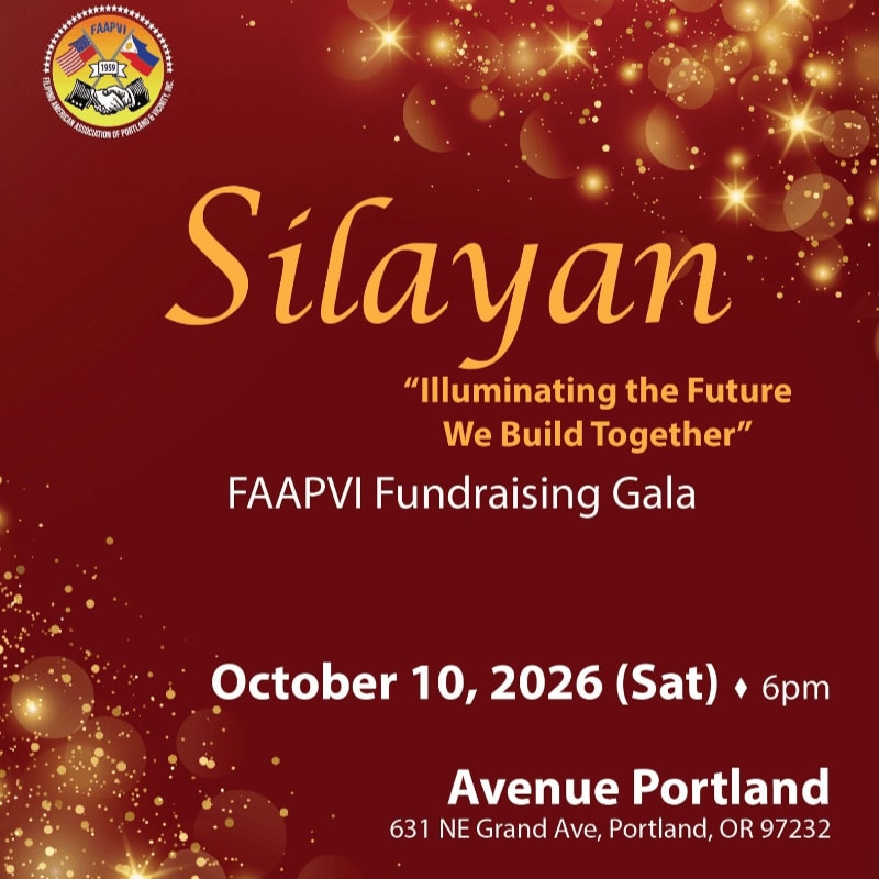 A dark red background with golden bokeh lights and sparkles frames the text "Silayan" and details for the FAAPVI Fundraising Gala.