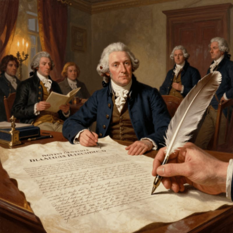 A hand holds a quill pen over a document on a table in the foreground, while several men in colonial attire gather in a dimly lit room in the background.