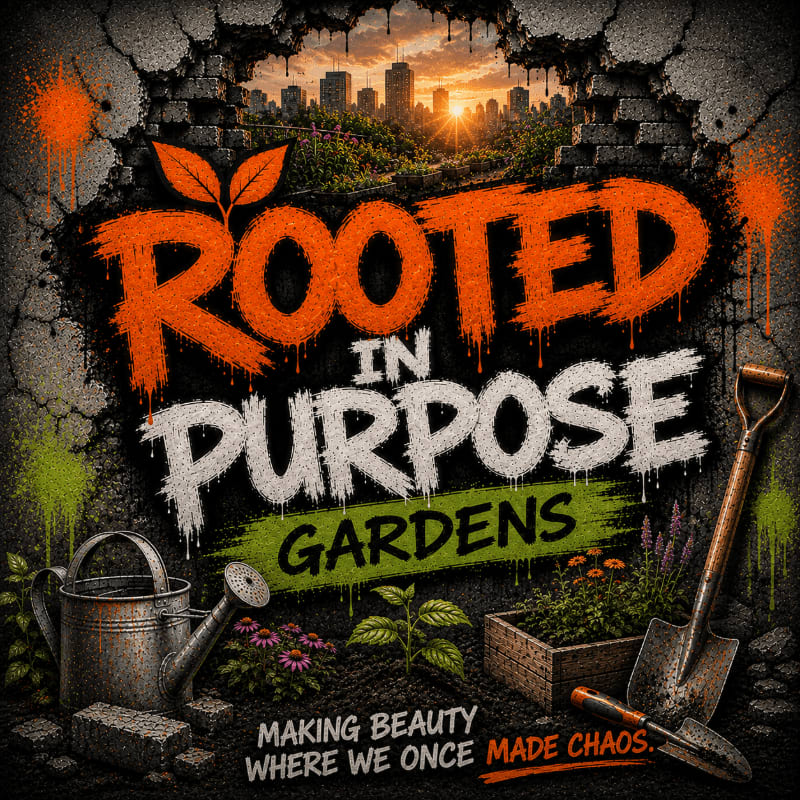 In the foreground, gardening tools and plants surround the bold text "ROOTED IN PURPOSE GARDENS," while the background reveals a city skyline bathed in sunset light through a cracked brick wall.