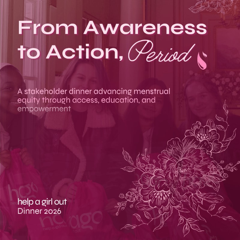 Four women are smiling in the foreground, holding pink bags, while a floral design and text about menstrual equity fill the background.