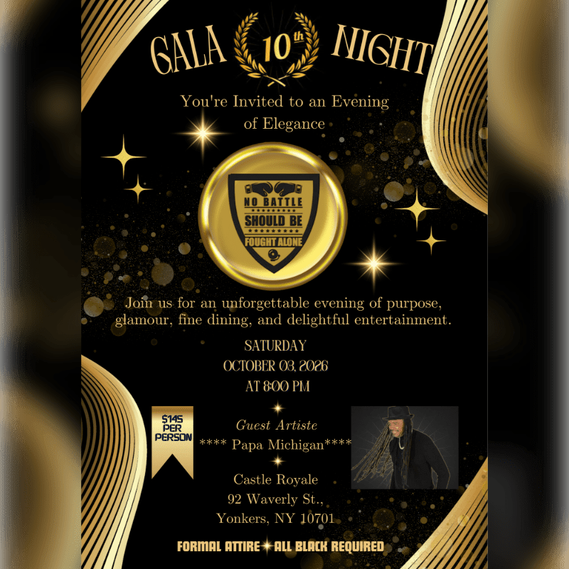 A black and gold invitation for a 10th-anniversary gala features event details and a guest artist in the foreground, set against a background of sparkling lights and ornate gold swirls.