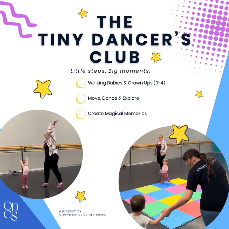 In the foreground, two circular photos show children and adults participating in dance activities, while the background features the text "THE TINY DANCER'S CLUB" with decorative stars and polka dots.