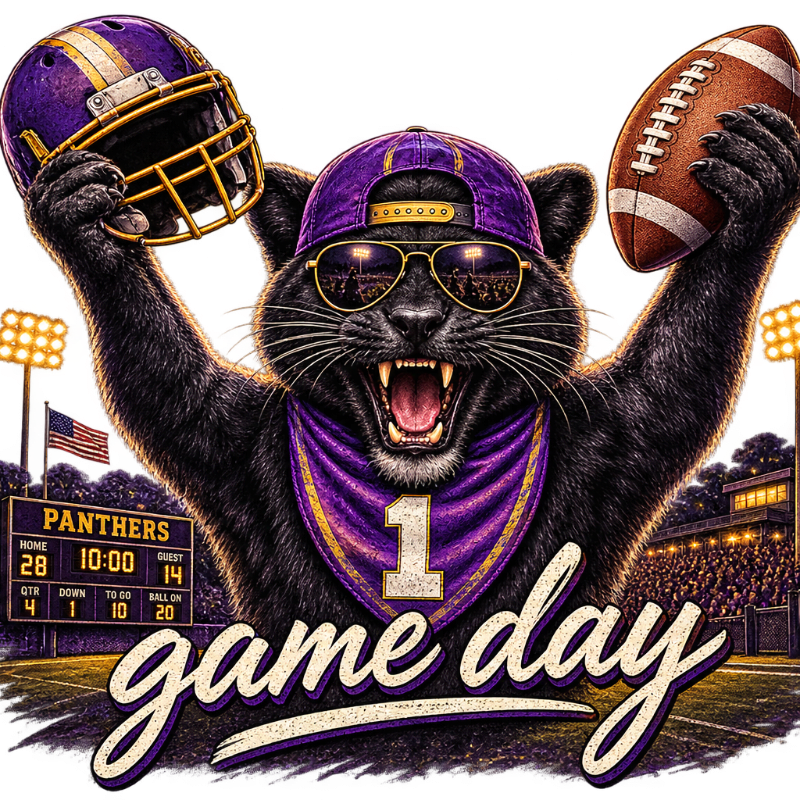 A black panther mascot wearing a purple bandana and sunglasses holds a football helmet and a football aloft in front of a stadium crowd and scoreboard.