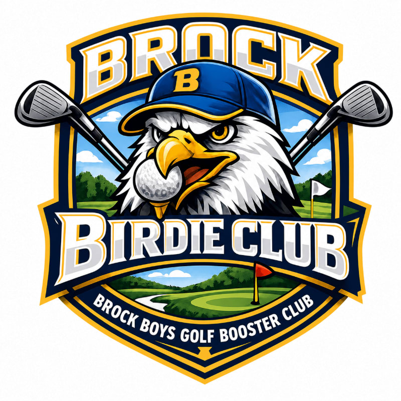 A fierce eagle wearing a blue baseball cap with a "B" logo and holding a golf ball in its beak is featured in the foreground, set against a backdrop of a lush green golf course with rolling hills and a blue sky.
