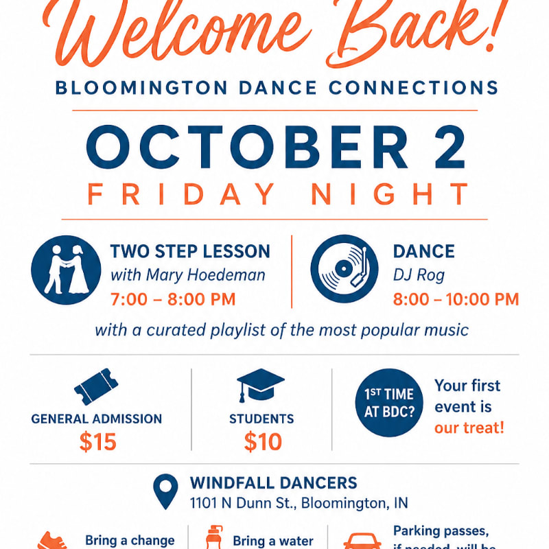 An orange and blue flyer announces a "Welcome Back!" event for Bloomington Dance Connections on October 2nd, featuring a two-step lesson and a dance with DJ Rog, with ticket prices and location details at the bottom.