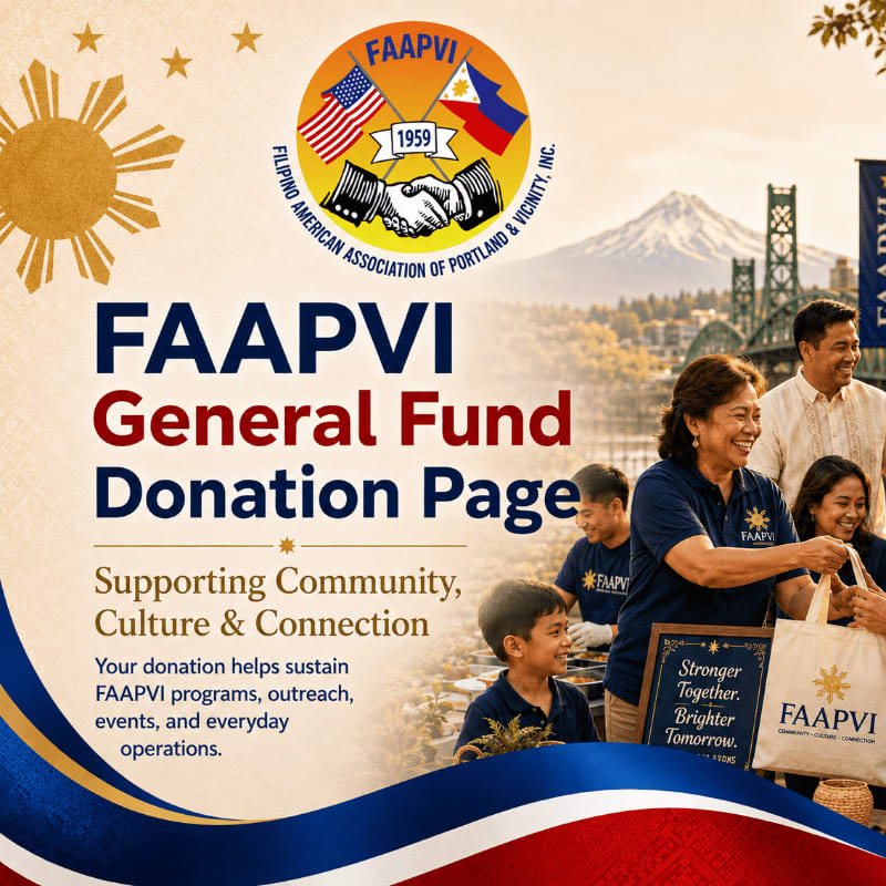 A Filipino American family smiles while receiving a donation bag in the foreground, with a scenic Portland, Oregon background featuring bridges and mountains.