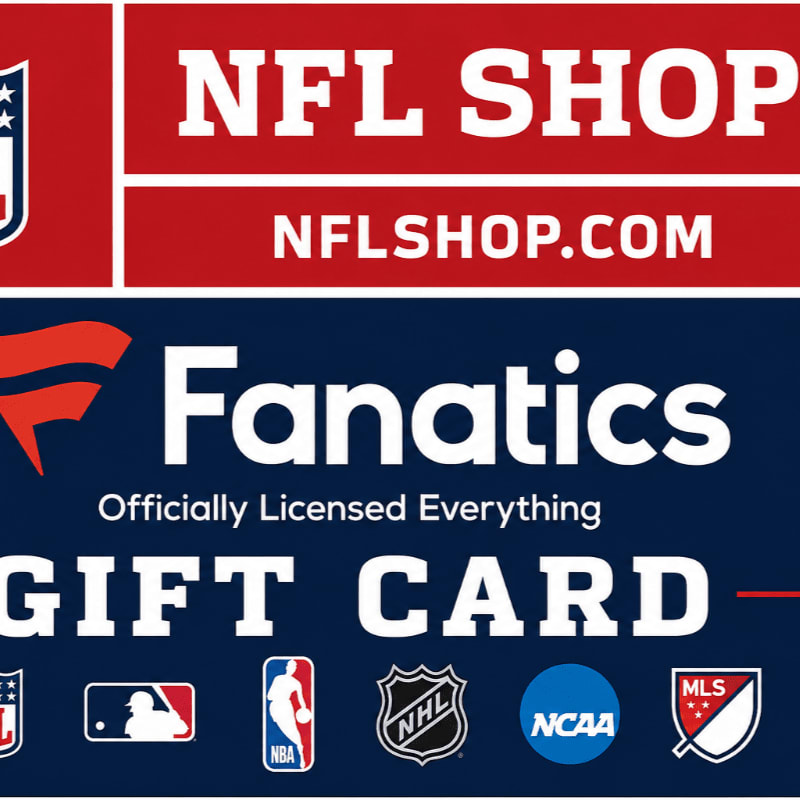 A red and blue NFL Shop gift card with the Fanatics logo and various sports league emblems is displayed against a white background.